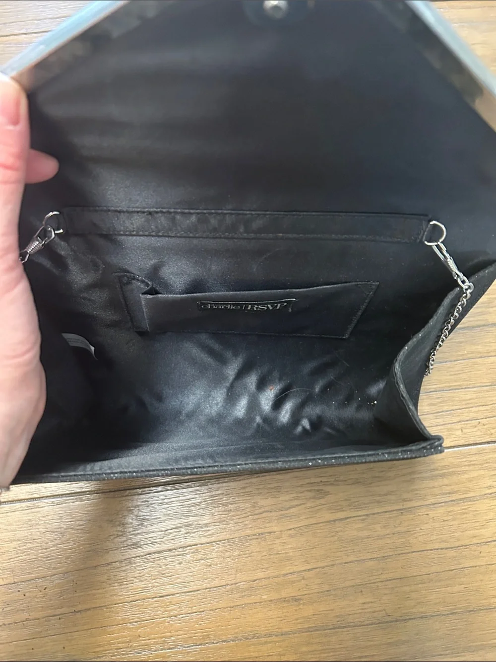 Charming Charlie Black Sparkle Envelope Clutch with Silver Accent